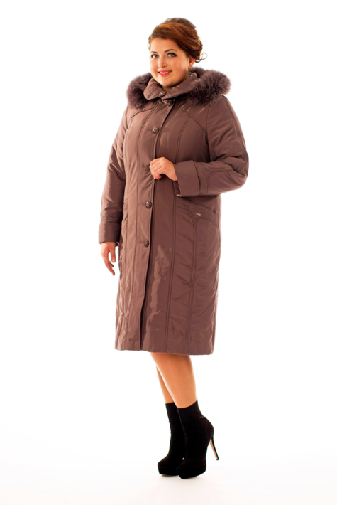 Женское пальто из текстиля с капюшоном, отделка песец 8015940